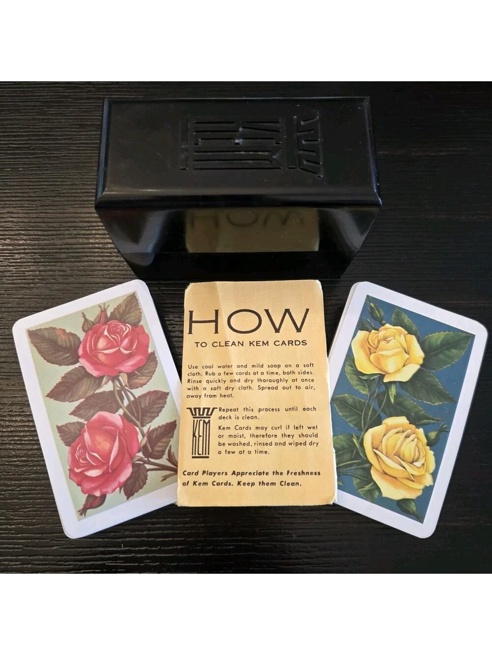 Vintage KEM Double Deck Playing Cards Floral Roses Black Plastic Case EUC